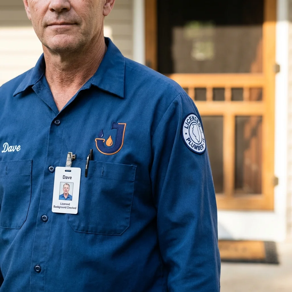 Licensed plumber showing ID badge in La Plata, MO