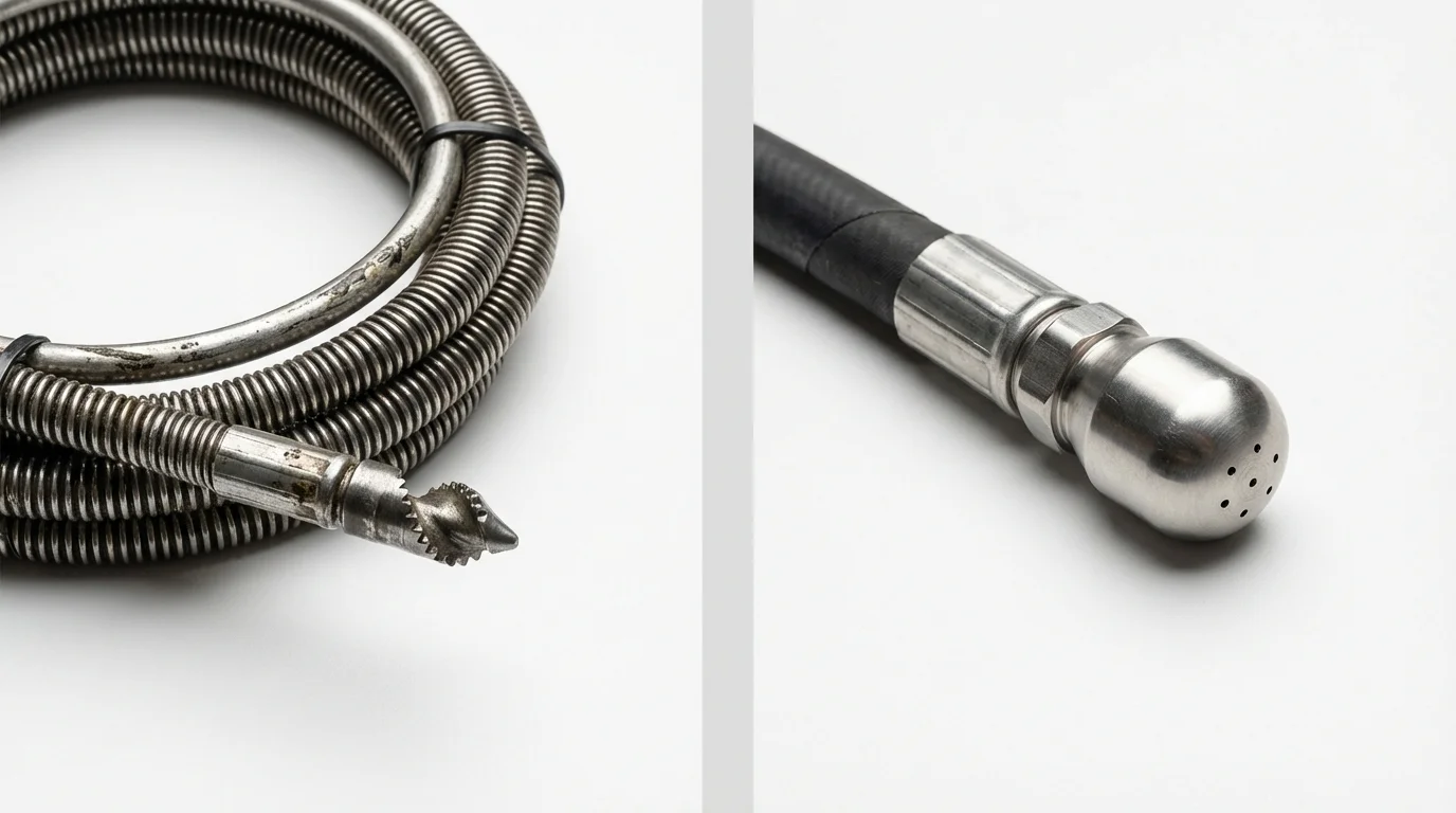 Drain snake cable and hydro jetting nozzle used for drain cleaning in La Plata, MO
