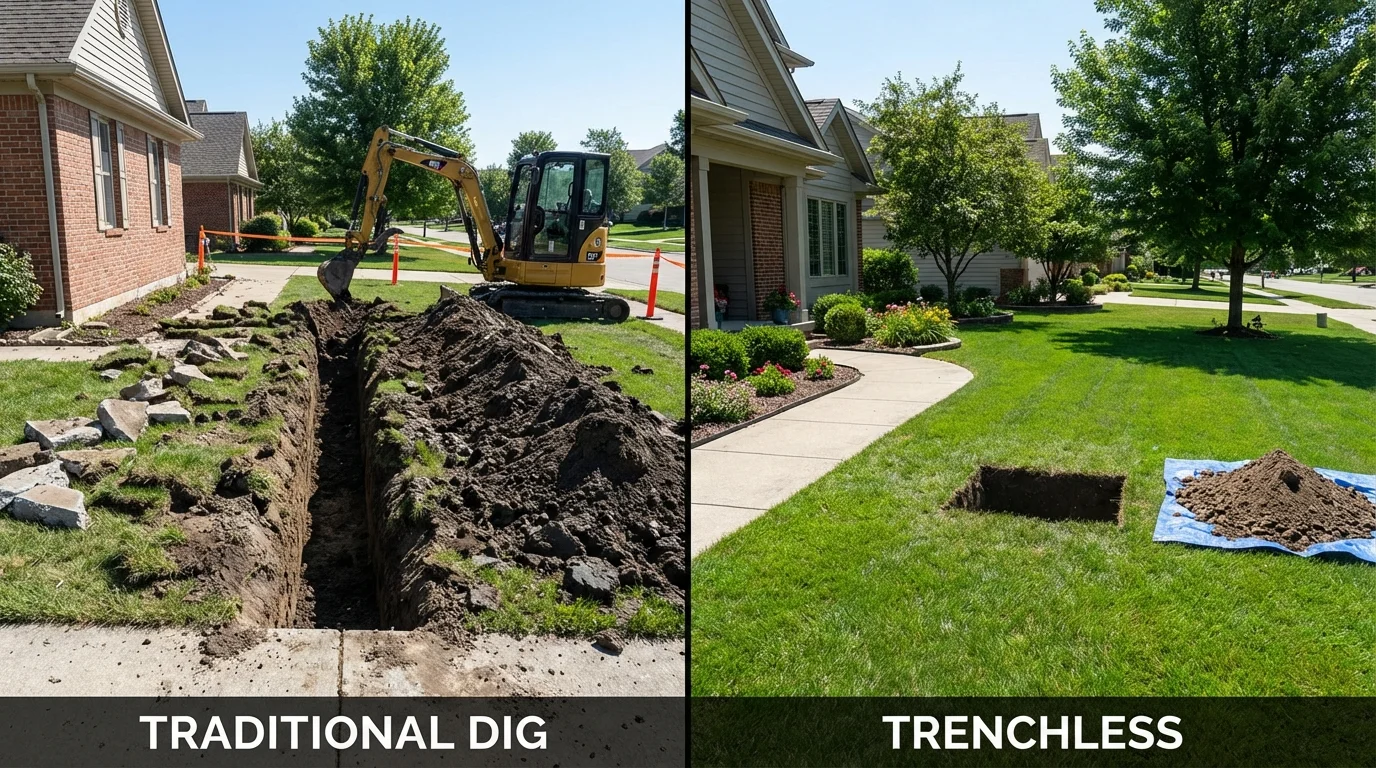 Trenchless sewer repair with minimal yard damage versus traditional excavation in La Plata, MO