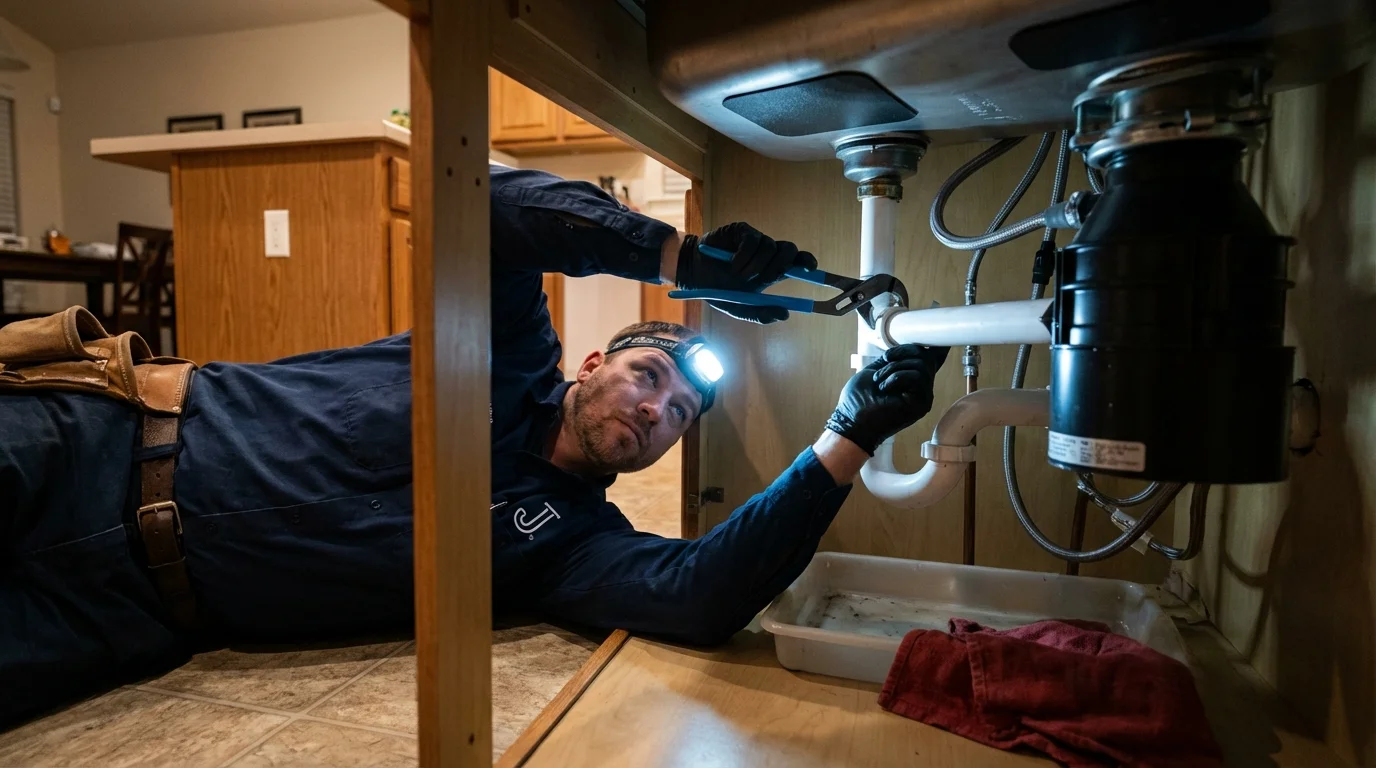 P-trap and supply line connections under a kitchen sink showing a common leak point in La Plata, MO